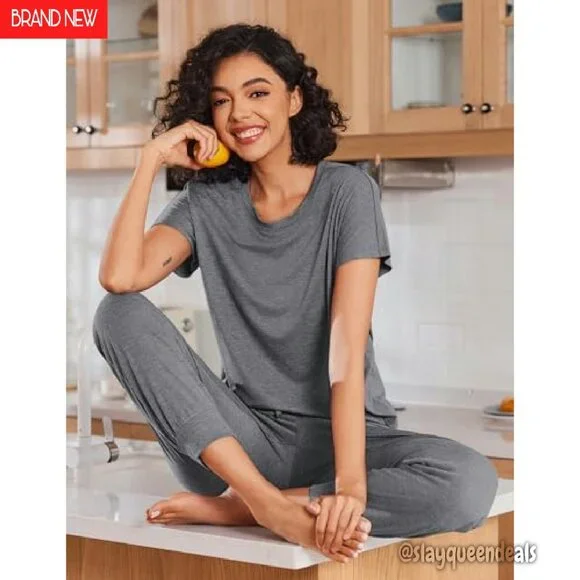 Soft Jogger Pajama Set with Pockets - Short Sleeve Lounge Wear